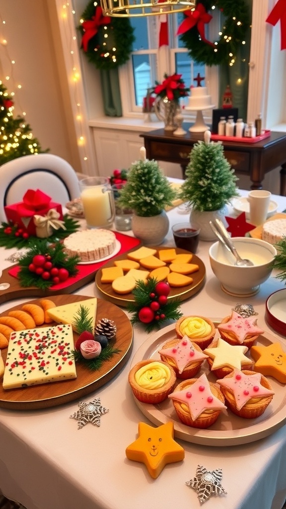 A beautifully arranged Christmas party table with cheese platter, mini quiches, and decorated cookies.